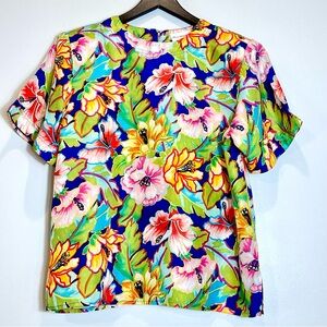 JACK MULQUEEN Women's Vtg Short Sleeve Floral Blouse Multicolor 100% Silk Size M